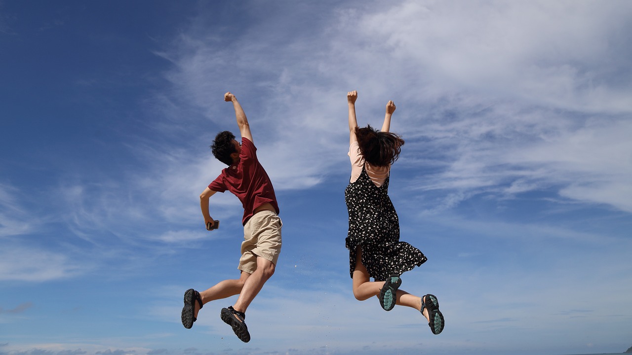 jump, nature, sky, man, clouds, height, girl, woman, happiness, joy, happy, blue sky